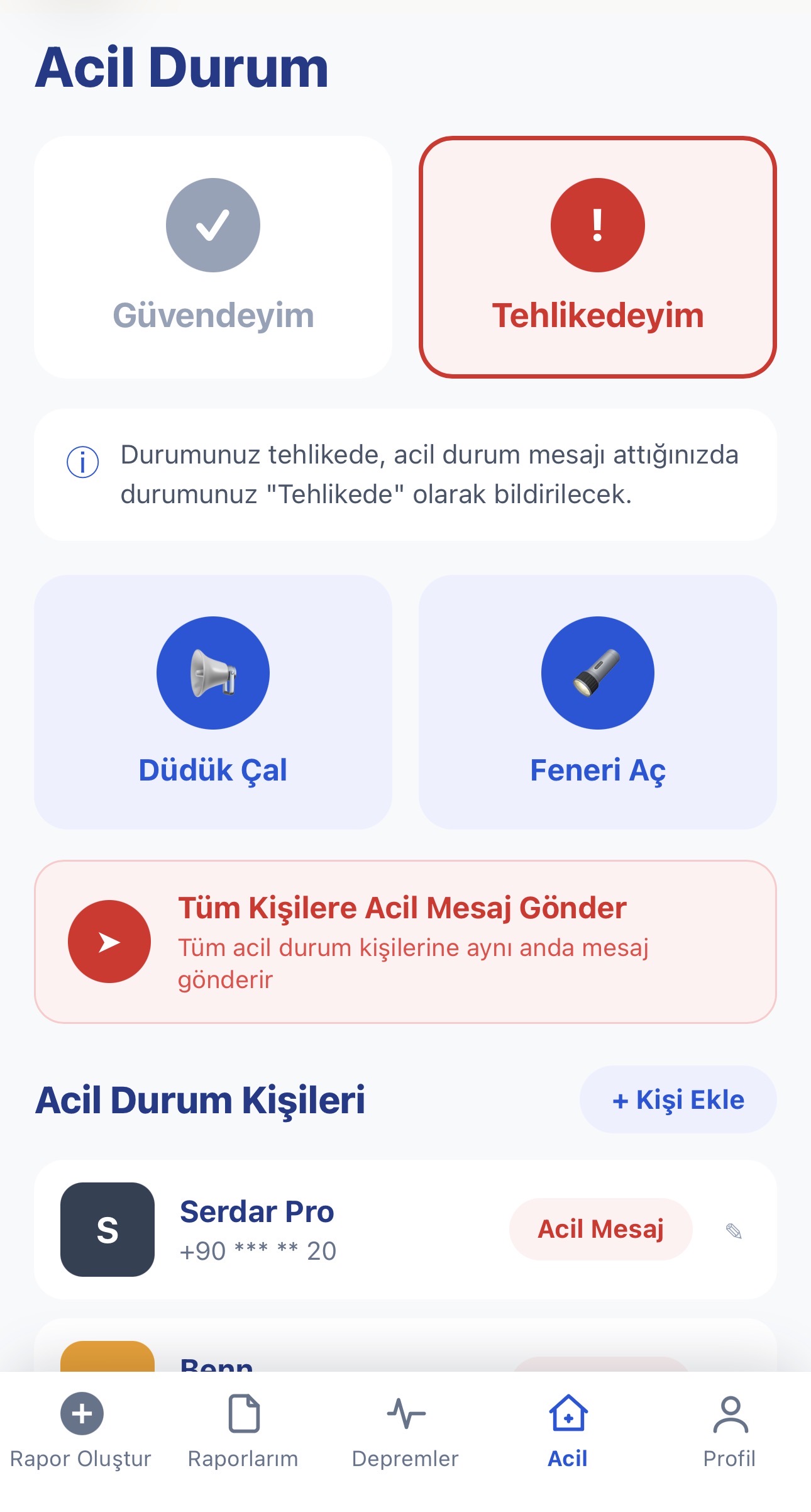 Uygulamanın acil durum araçları ekranı