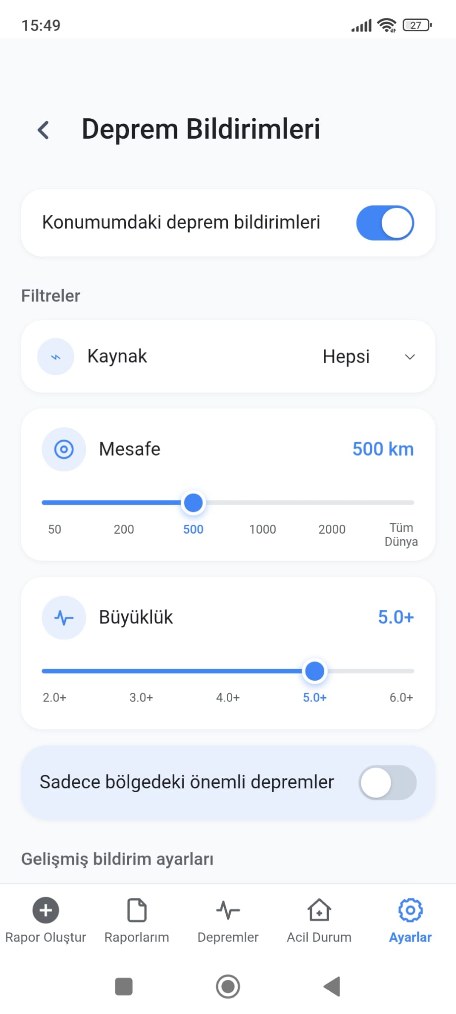 Uygulamanın bildirimler ekranı