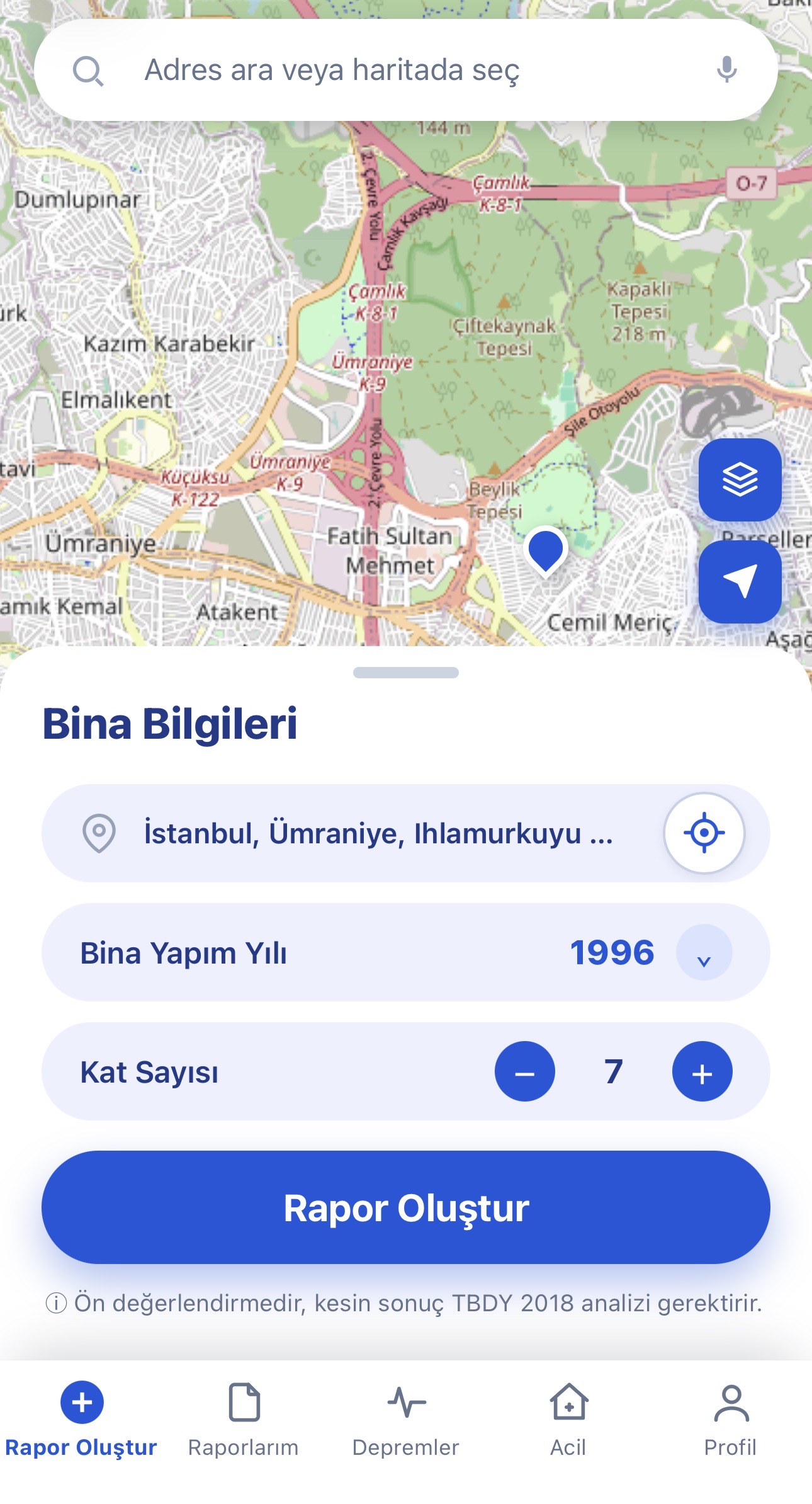 BinaDepremRaporum uygulama ekranı