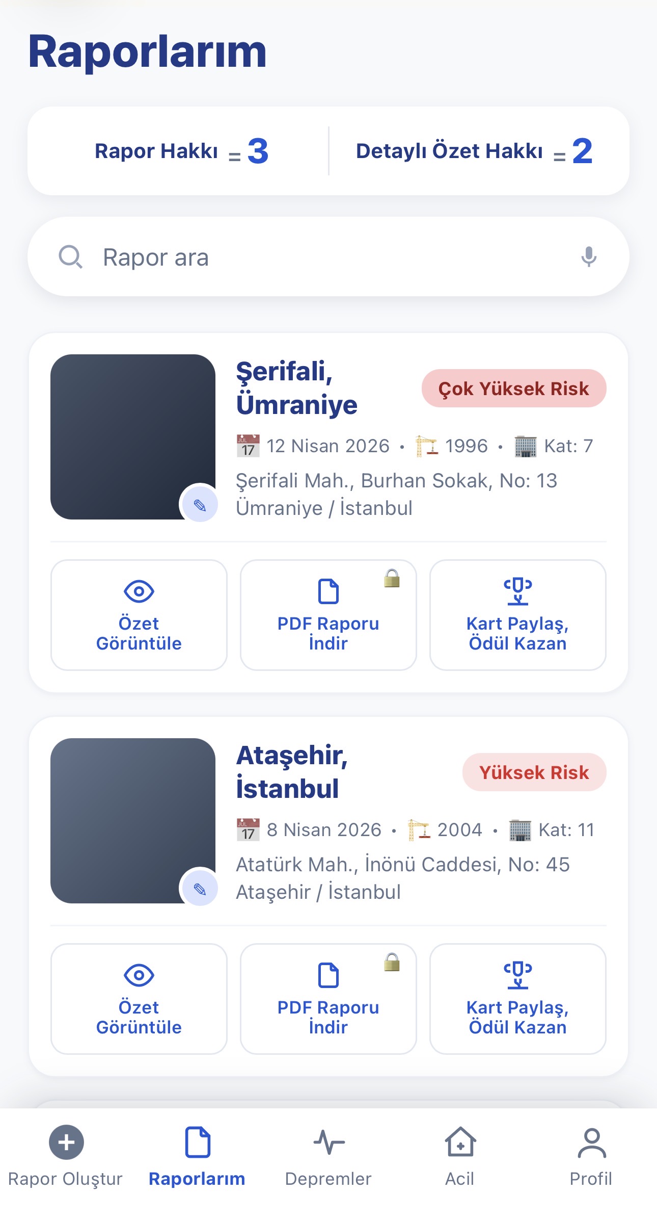 Uygulamada rapor geçmişi ekranı