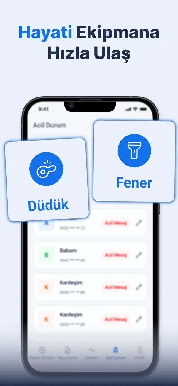 Hayati ekipmana hızla ulaş - acil durumda düdük ve fener araçları